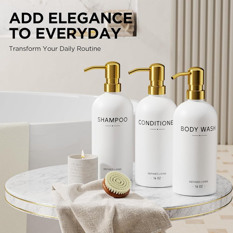 Aeakey Shampoo and Conditioner Dispenser Set,3 Refillable 16oz Bottles with Stainless Steel Pumps – Shower Soap Dispensers for Bathroom, Hotel or Airbnb (Gold, 3-Pack) - Image 3